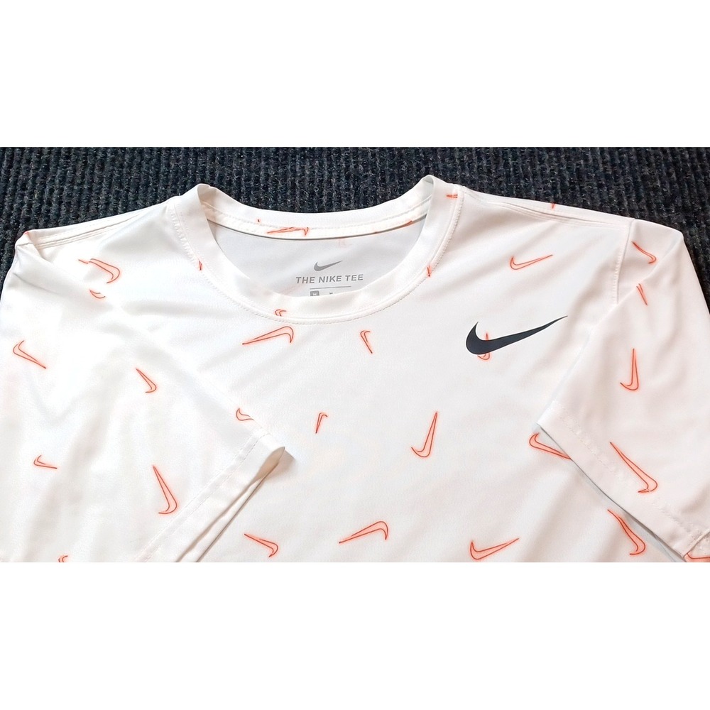 Nike Mens All Over Print Logo Graphic T-Shirt White w/Red Swoosh M Short Sleeve